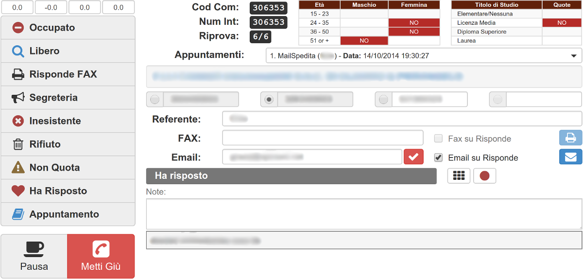 Schermata dell'operatore durante un'intervista CATI con esiti della chiamata, quote e appuntamenti