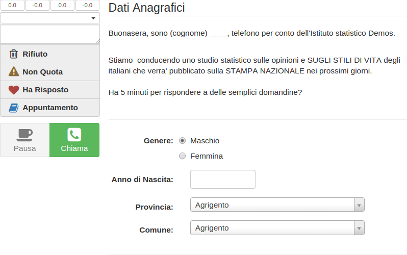 Interfaccia CATI con il pre-questionario di screening per un numero di cellulare